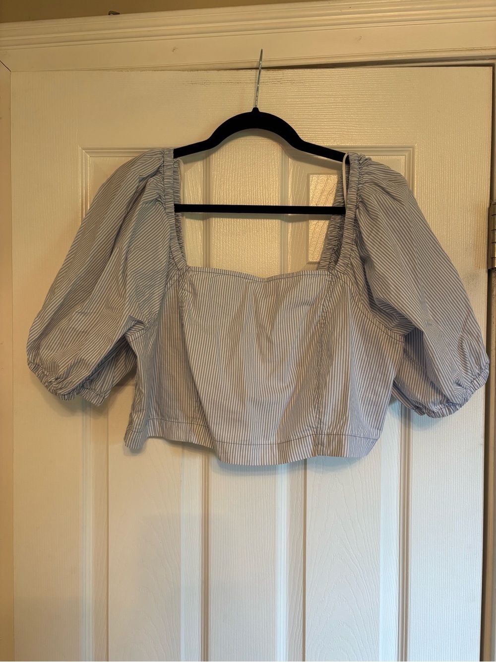 aerie Light Blue & White Pinstripe Puff-Sleeve Crop Top